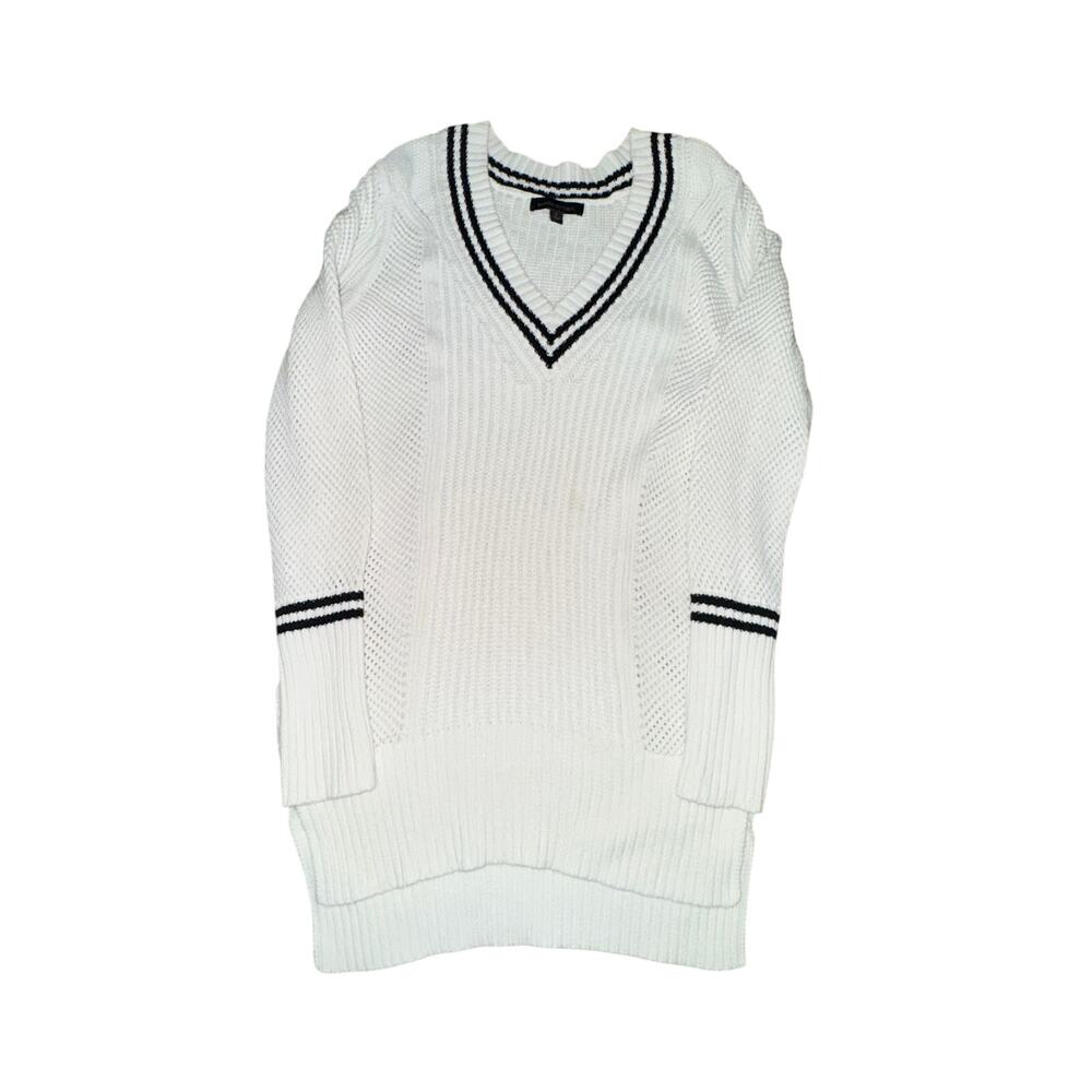Banana Republic V Neck Stitch Cocoon Sweater Women's Sz S White Blue Chunky Knit